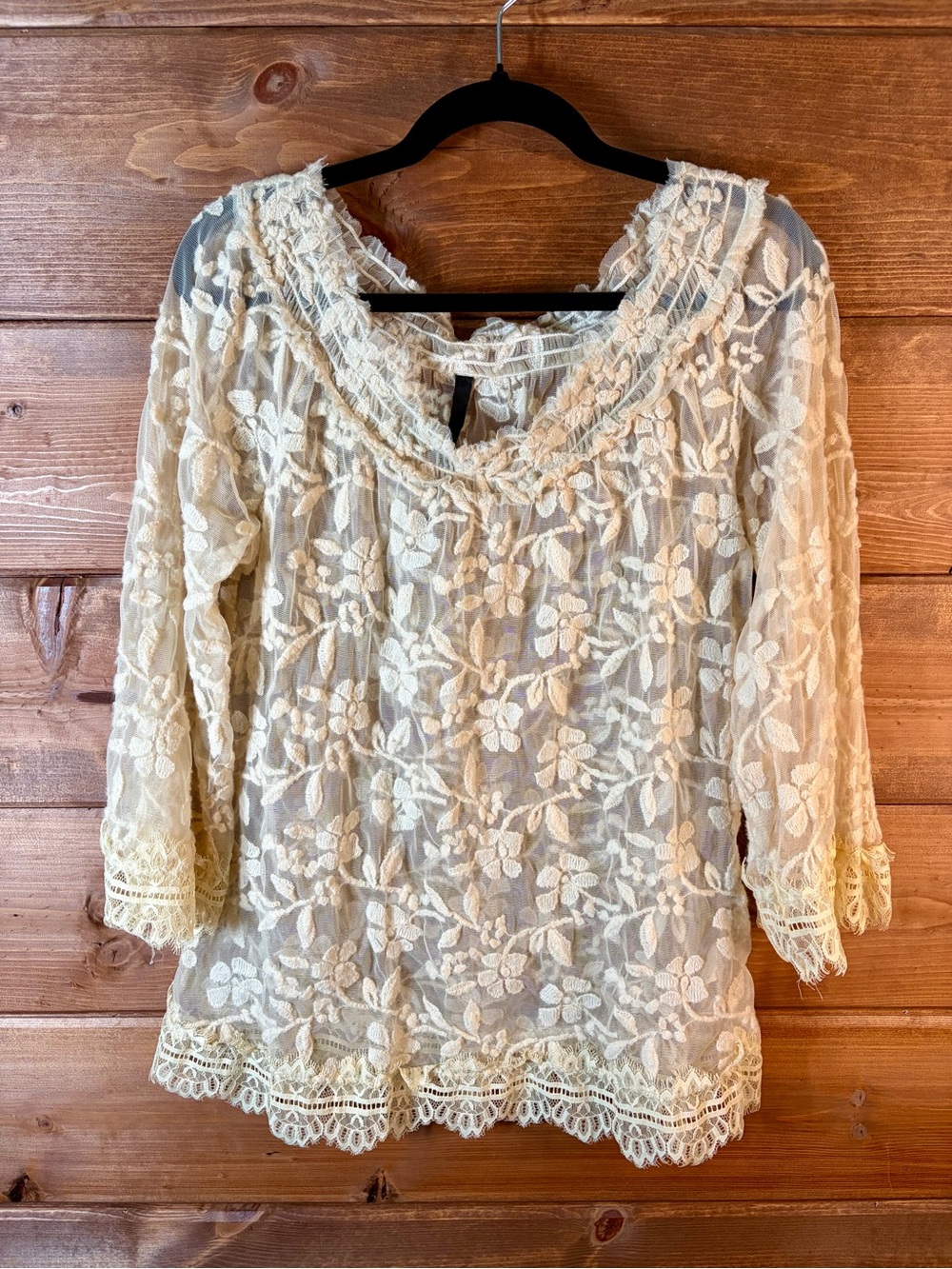 Poleci Cream Boho Lace 3/4 Sleeve Floral Blouse Size Small 💕🖤